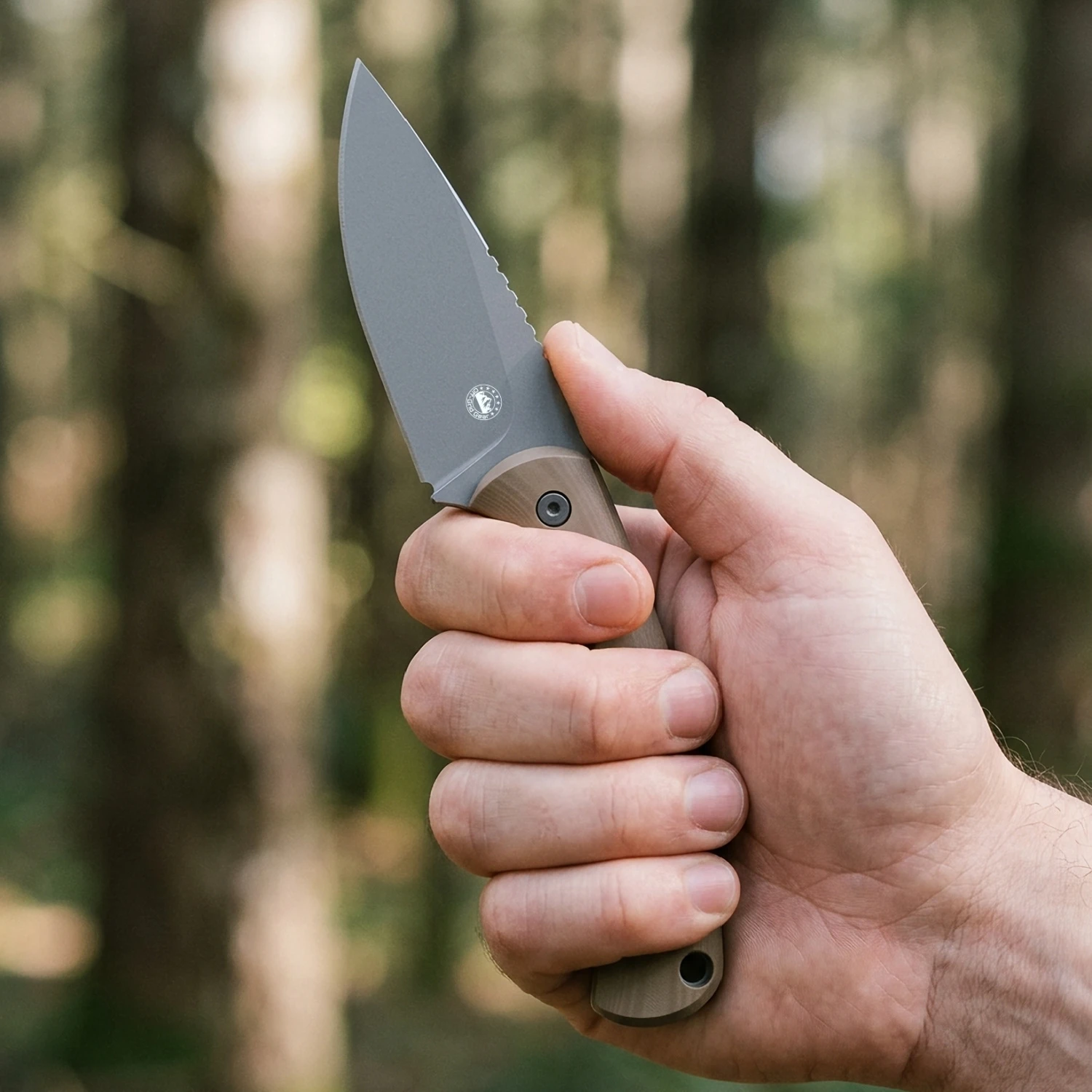 Isoline Desert Gray graywash modified drop point blade, lifestyle shot