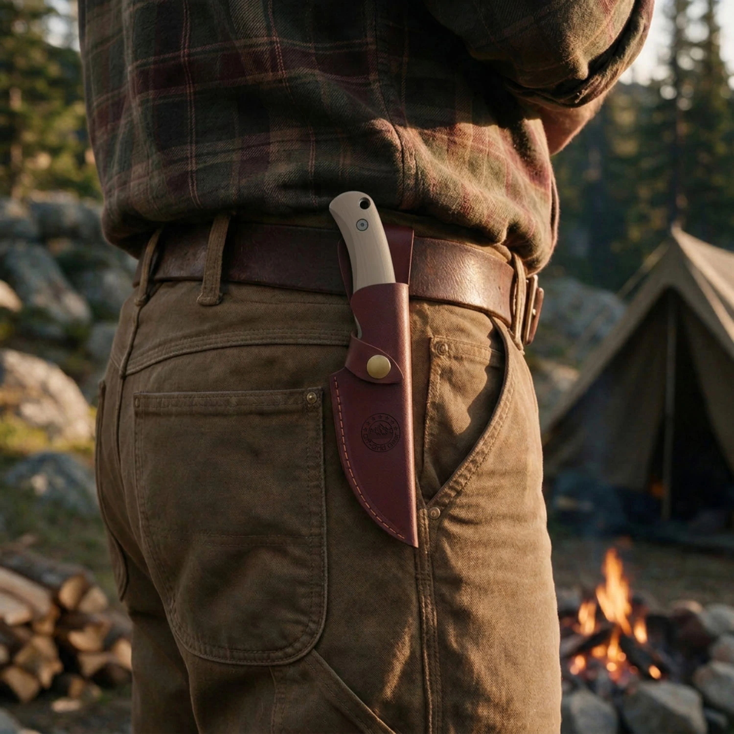 Isoline Desert Gray with Kydex and leather sheaths, lifestyle shot