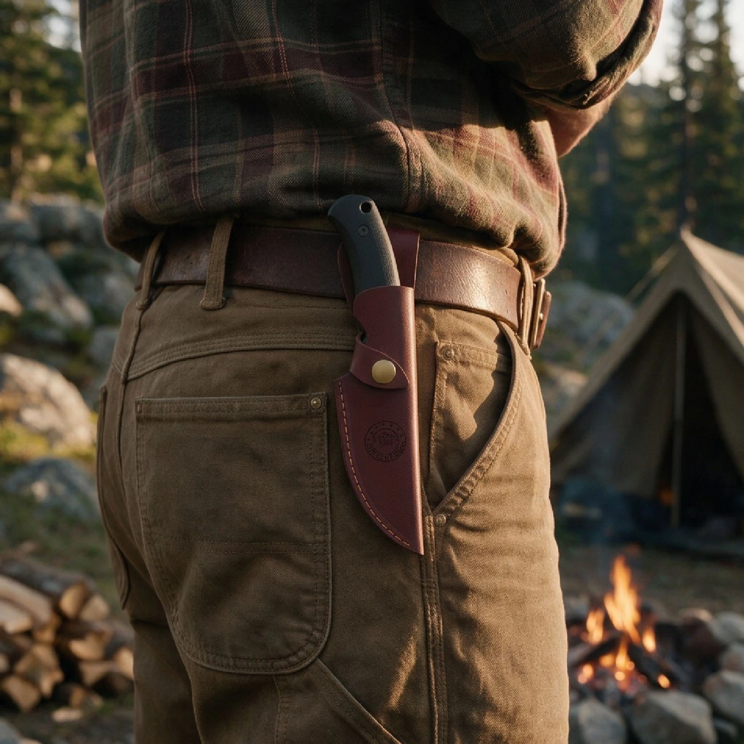 Isoline Nightfall in black Kydex sheath with belt clip, lifestyle shot