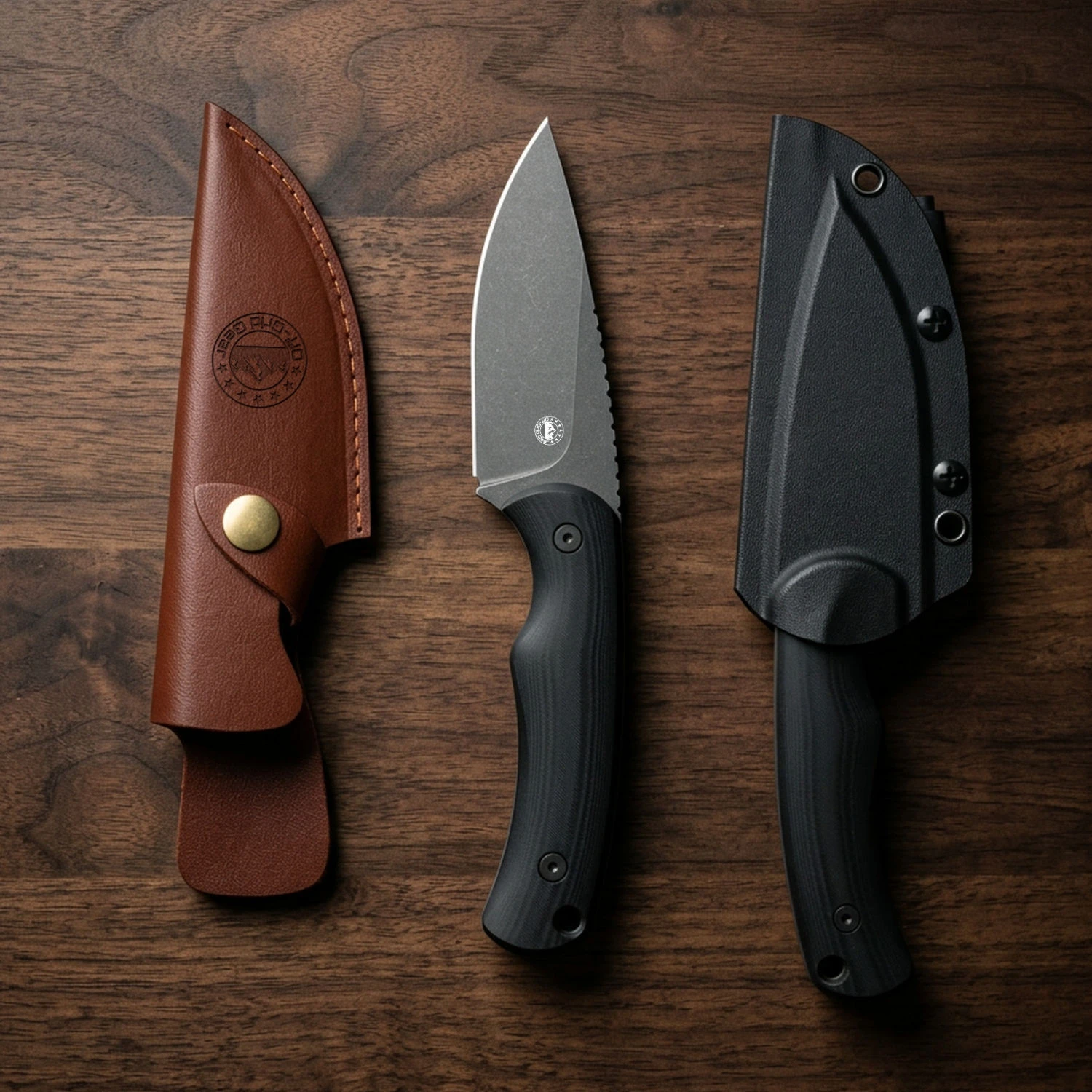 Isoline Nightfall with black Kydex sheath and brown leather sheath, lifestyle shot