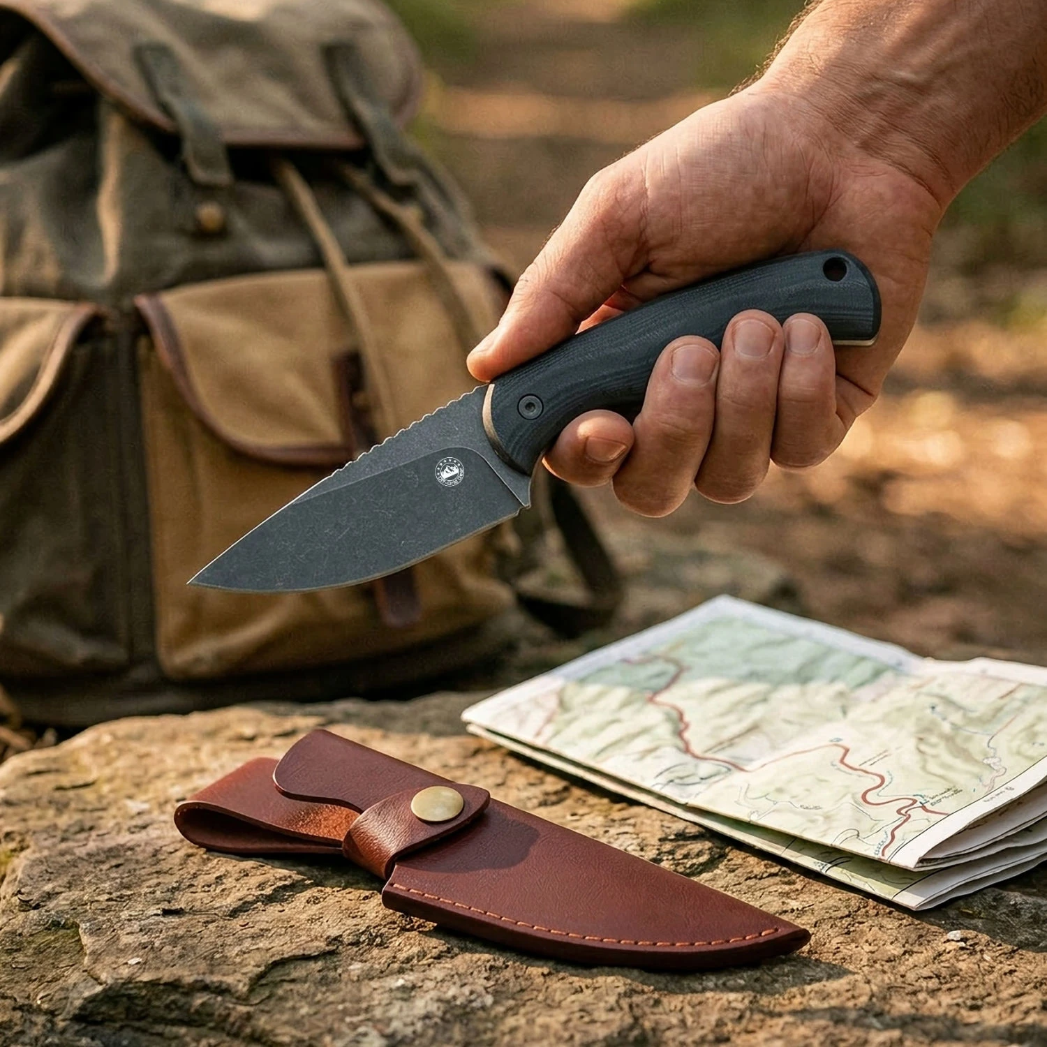 Isoline Nightfall black G10 fixed blade with both included sheaths, lifestyle shot