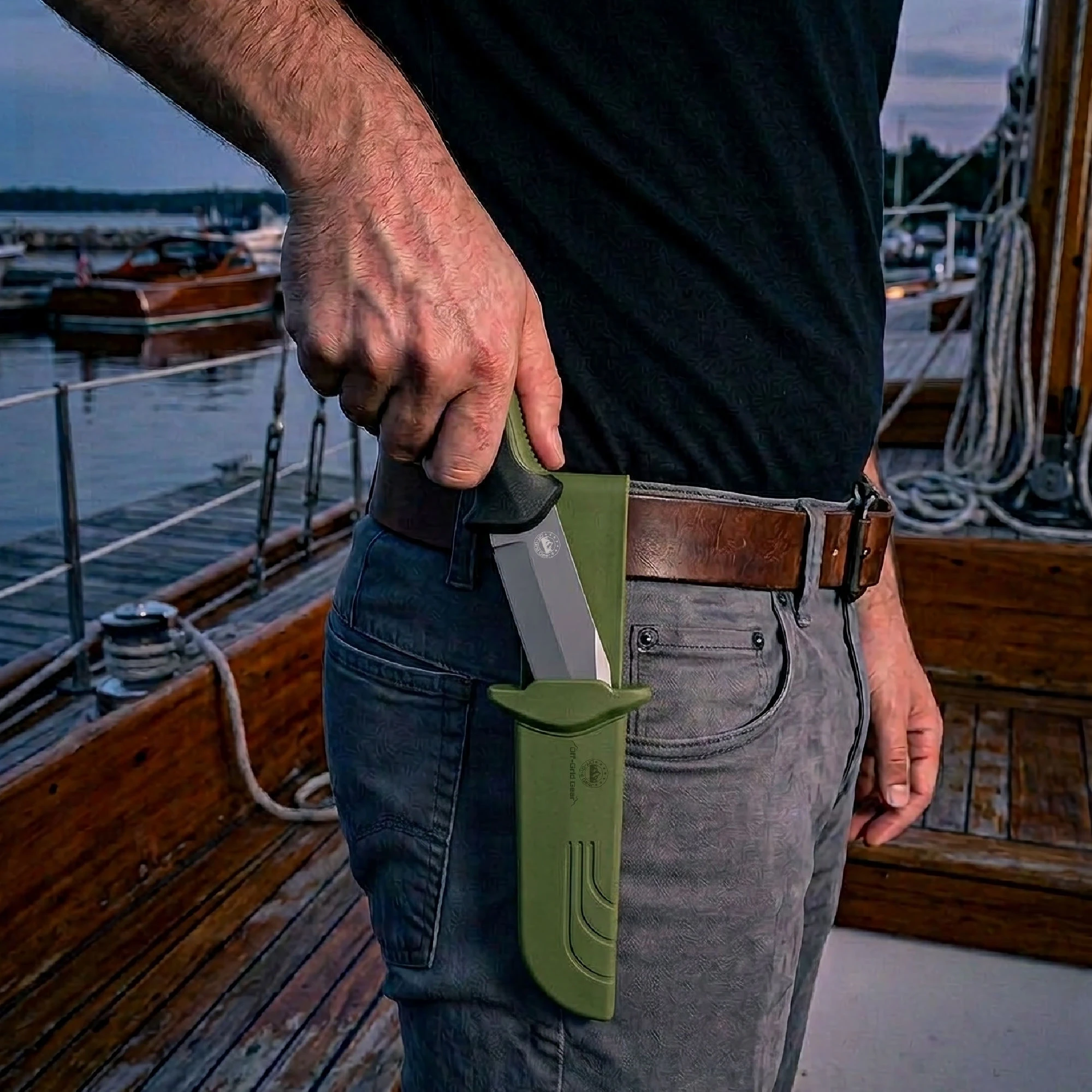 ShoreGuard OD Green Black carried in its molded sheath