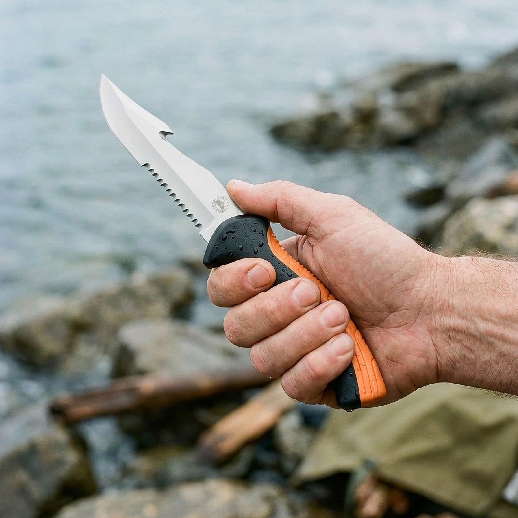 ShoreGuard Orange Black rubberized TPR grip handle in hand