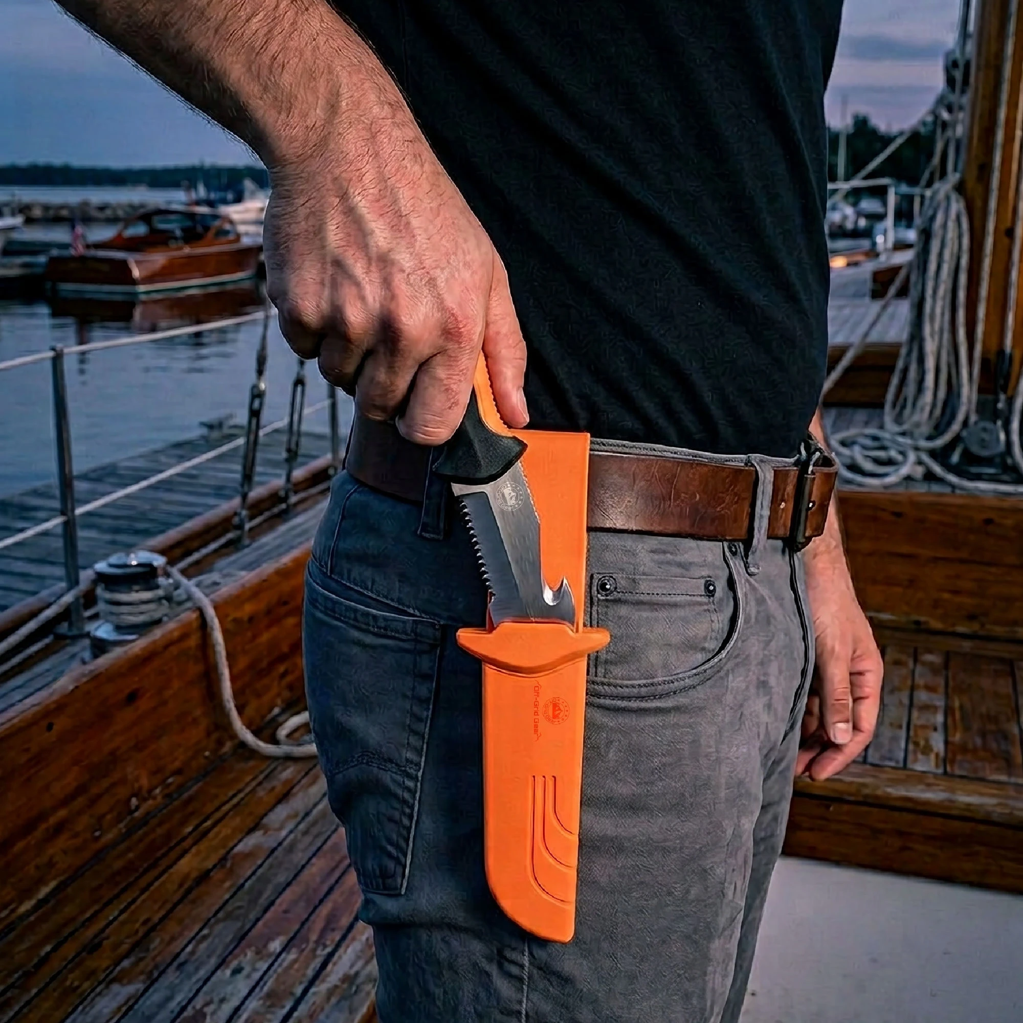 ShoreGuard Orange Black carried in its orange sheath