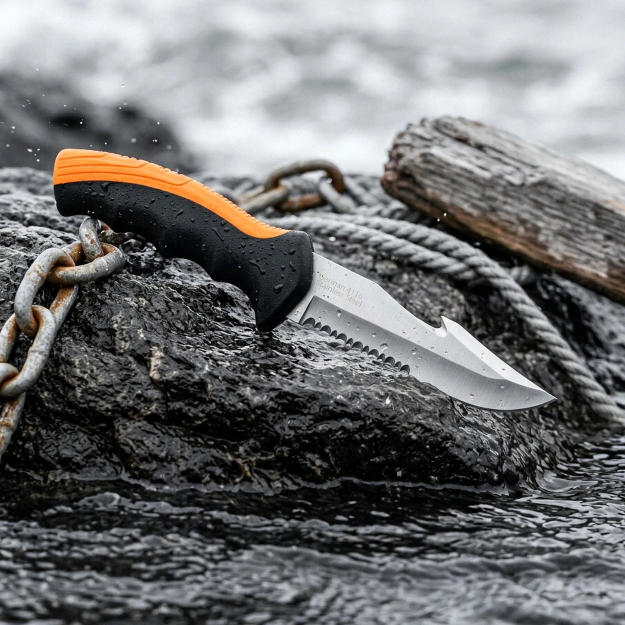 ShoreGuard Orange Black semi-serrated blade with gut hook
