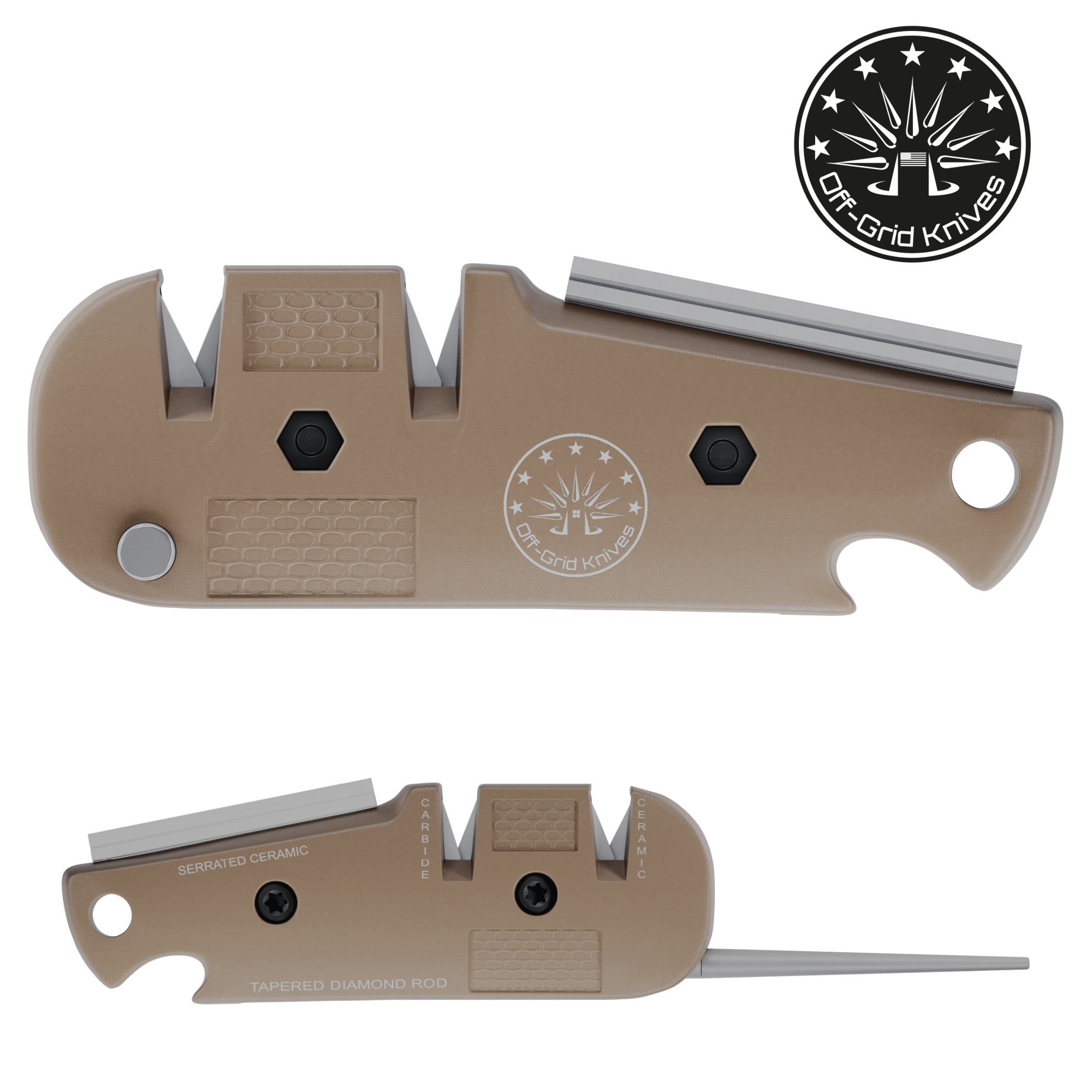  Off-Grid Knives - EDC Knife Sharpener, Compact 5-In-1 Sharpening  Tool for Hunting, Camping, Fishing, Kitchen Knives and Fishing Hooks  (Coyote Tan) : Sports & Outdoors