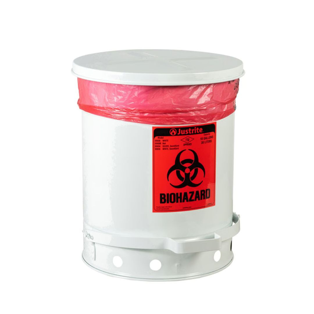 Biohazard Waste Can, Steel, Foot-Operated Self-Closing