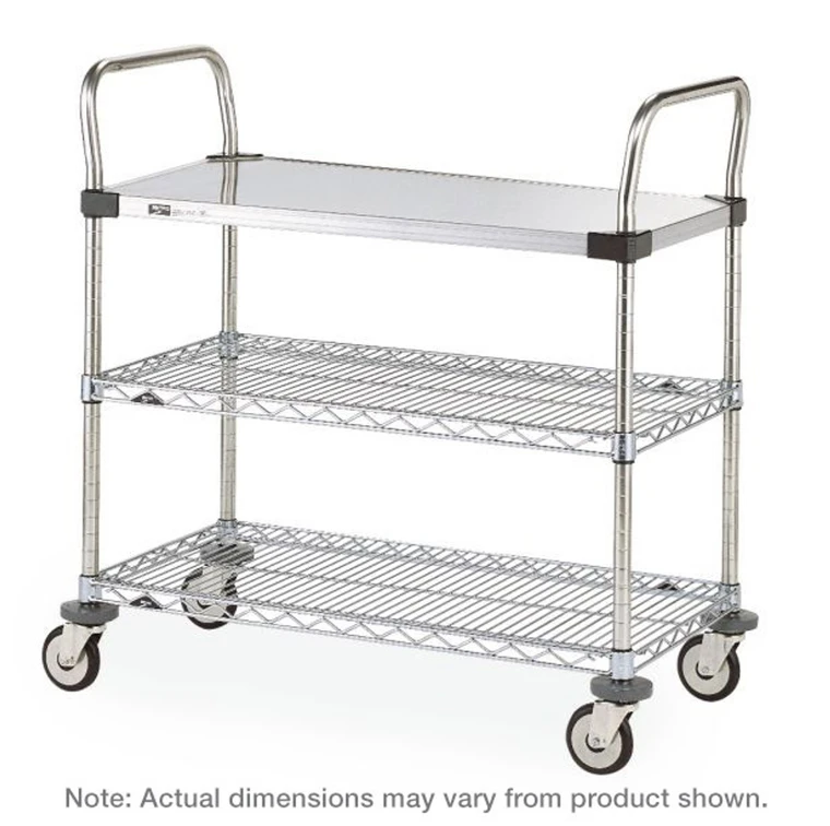 Metro™ MW401 MW Series Utility Cart® with 1 Stainless Steel Solid and 2 Chrome Wire Shelves, 18" x 24" x 38"