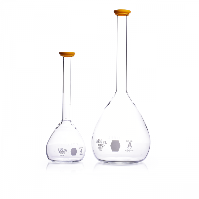 KIMBLE® KIMAX® Serialized and Certified Volumetric Flask, Class A, with Snap Cap