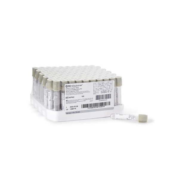 BD® 367925 Vacutainer™ Plus Plastic Fluoride Blood Collection Tubes, 13 x 100mm, 6mL Draw Volume, Paper Label and Grey Hemogard™ Closure, 1000/Case