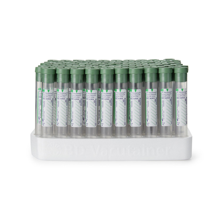 BD® 367874 Vacutainer™ Plus Plastic Heparin Blood Collection Tubes with Sodium Heparin for Plasma Determination, 16 x 100mm, 10mL Draw Volume, Paper Label and Green Conventional Closure, 1000/Case