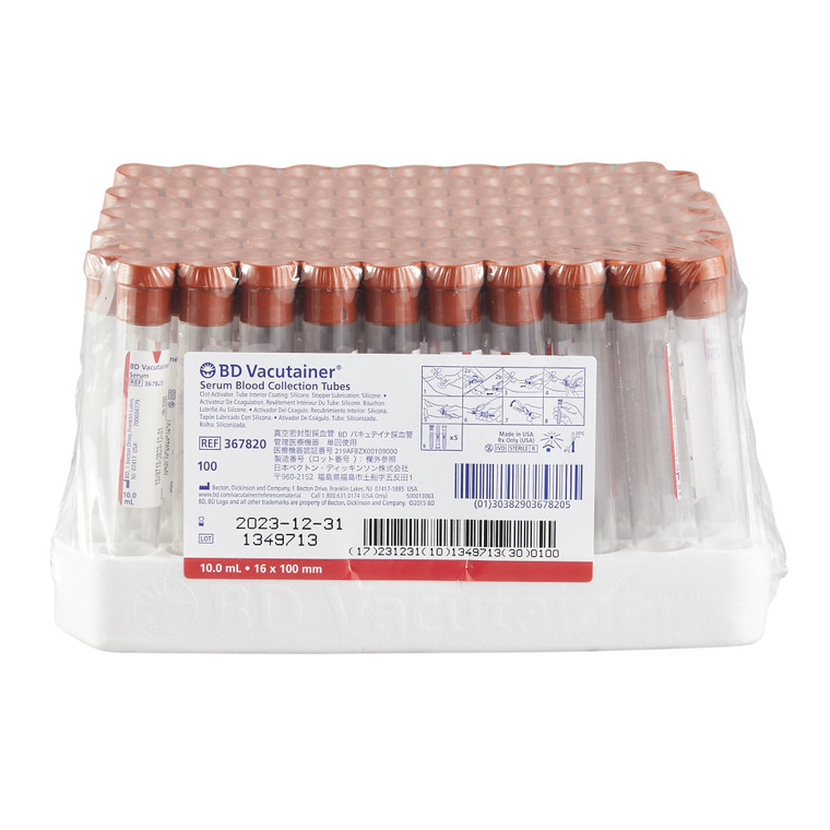 BD® 367820 Vacutainer™ Plus Plastic Serum Blood Collection Tubes for Serum Determination, 16 x 100mm, 10mL Draw Volume, Paper Label and Red Hemogard™ Closure, 1000/Case