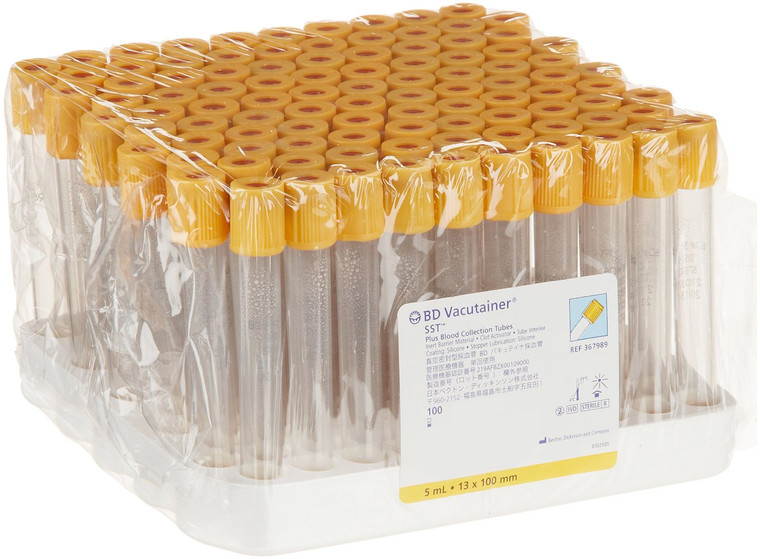BD® 367989 Vacutainer™ Plus Plastic SST™ Blood Collection Tubes with Polymer Gel for Serum Separation, 13 x 100mm, 5mL Draw Volume, See-Through Label and Gold Hemogard™ Closure, 1000/Case