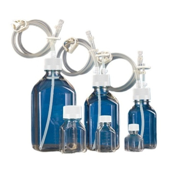 250mL PETG Square Storage Bottle with Bi-directional Transfer Cap with TPE Tube (60cm  1/4" ID  3/8" OD), Female Luer Lock Connector with Luer Plug, Vent Filter (0.22 μm  Φ24mm), Sterile, 1/pk, 10/cs