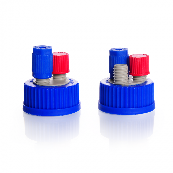 DURAN® GL 45 Connection Cap System, with screw cap and 2 or 3 GL 14 ports, PP, blue/grey, 2/Case