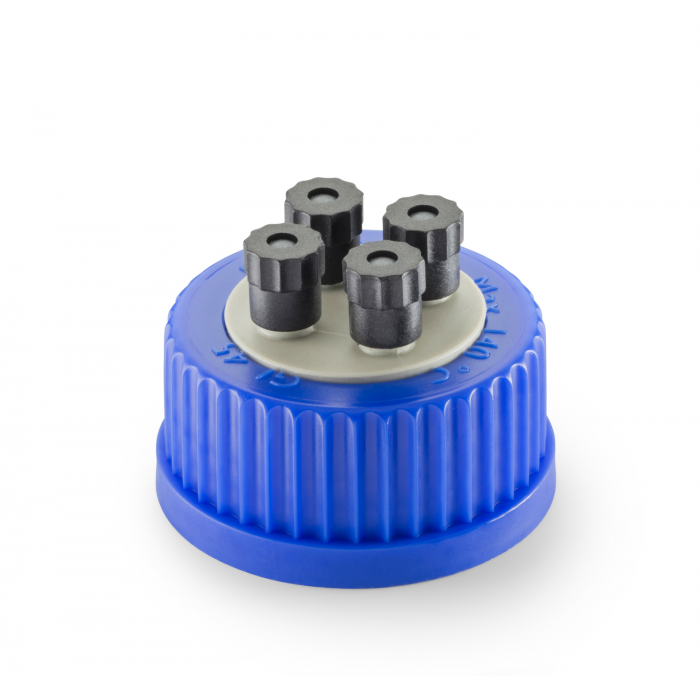 DURAN® GL 45 Replacement HPLC Screw Cap, complete with 4x black M8 screw caps and 12x silicone seals (4 x 1.6 mm and 4 x 3.2 mm tubing seals and 4 x closure seals), 2/Case