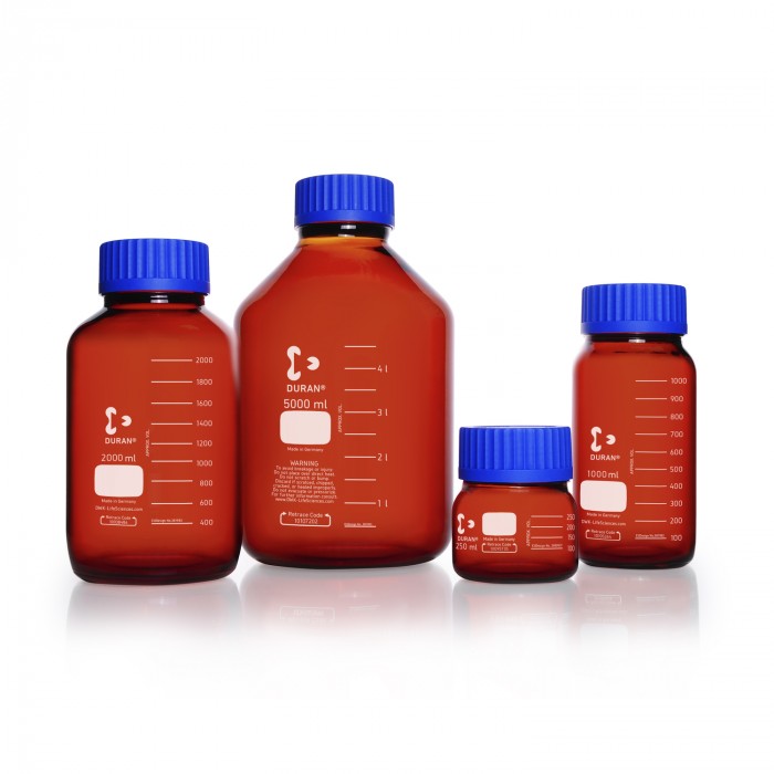 DURAN® Laboratory Bottle Wide Mouth GLS 80®, Amber, with screw cap and pouring ring from PP (blue), 10/Case