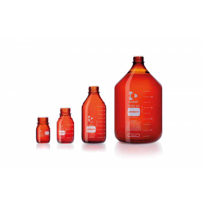 DURAN® protect+ GL 25 Laboratory Bottle, amber, plastic safety coated, without screw cap and pouring ring
