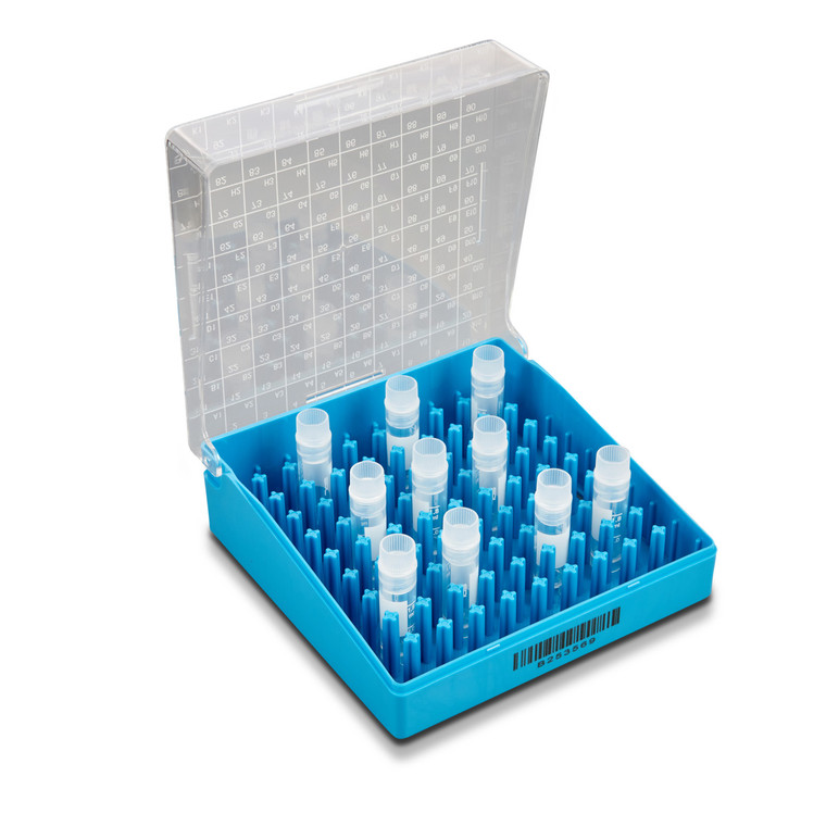 Cryostorage box, 100 place (10x10), polycarbonate, with hinged lid (5.25x5.25x2 in), 5/Pk - Image 1