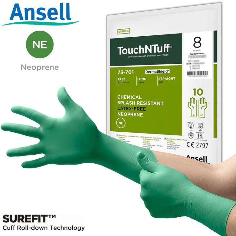 Ansell® 387071 TouchNTuff® DermaShield™ 73-701 Sterile Cleanroom Neoprene Gloves, Class 100 (ISO 5), Green, 8mil, 11.5-Inch, 400/Case