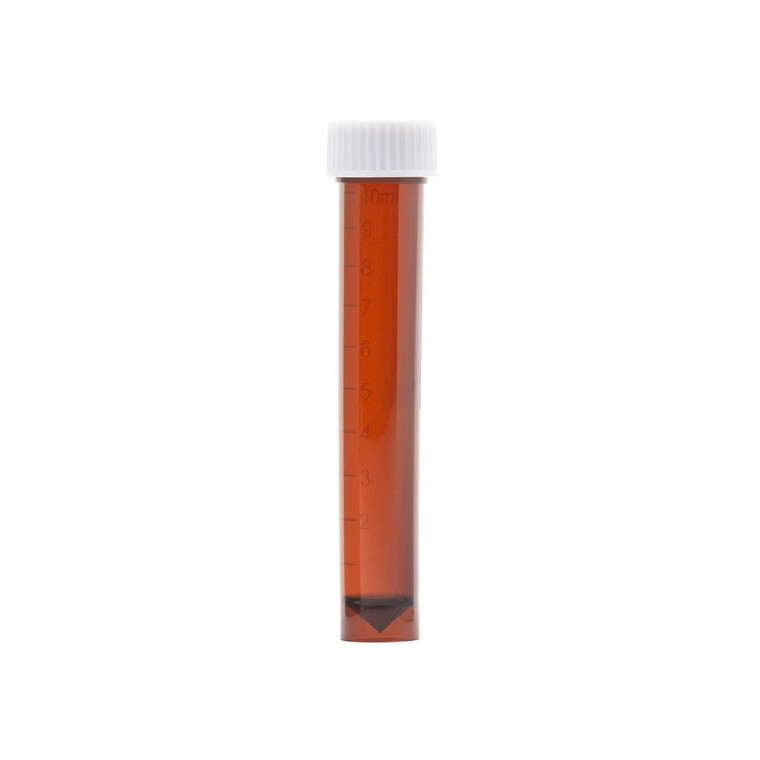 Transport Tube, 10mL, with Separate Screw Cap, AMBER, PP, Conical Bottom, Self-Standing, Molded Graduations