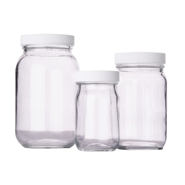 Alkali Scientific™ Clear Standard Wide Mouth Glass Bottles with White Polypropylene Caps