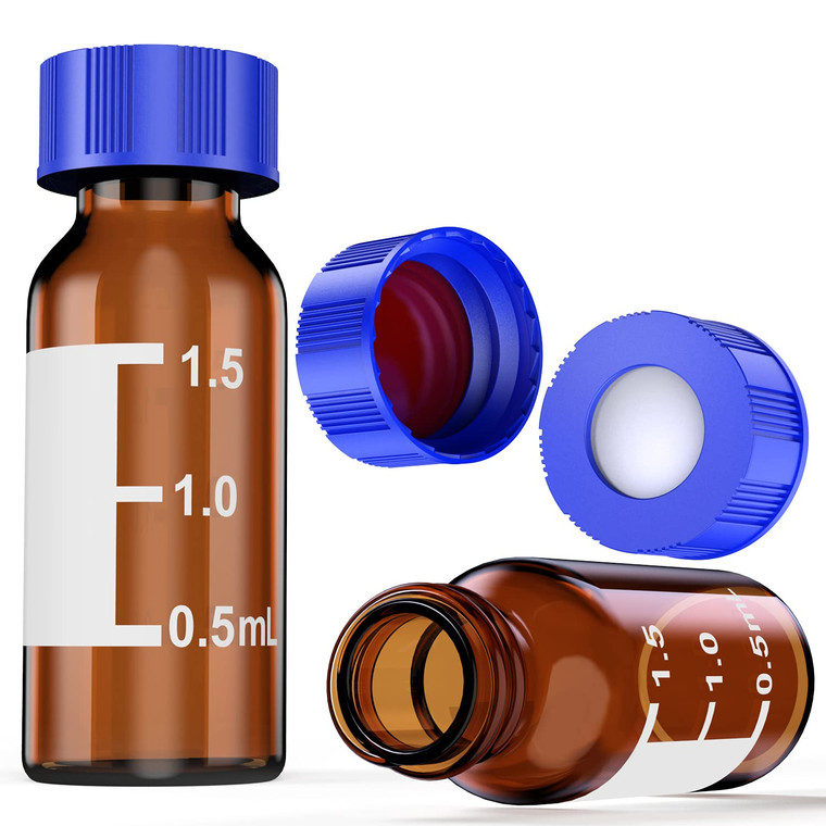 HPLC Chromatography Vial, 2mL AMBER Glass vial with Writing Area, Flat Base w/ graduations, 9-425 Open Top Ribbed Screw Cap with 9mm White PTFE/Red Silicone Septa 1mm Thick, Vial size: 12 x 32 mm, 100/pk