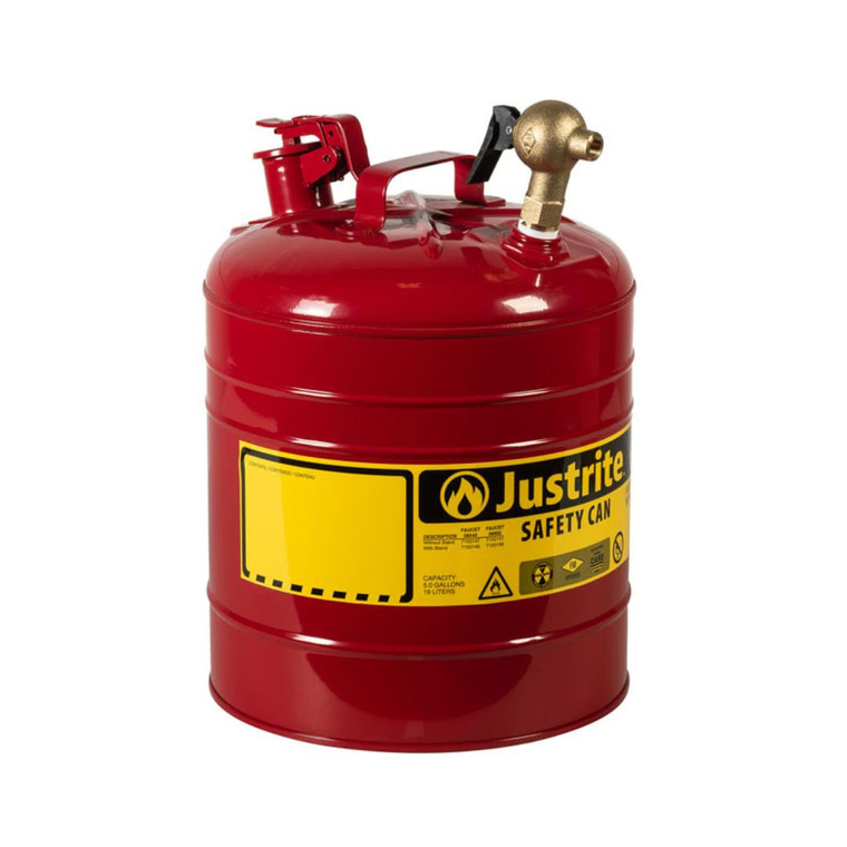 Dispensing Steel Safety Can, Type I, Top Brass Faucet, 5 Gallon, Red