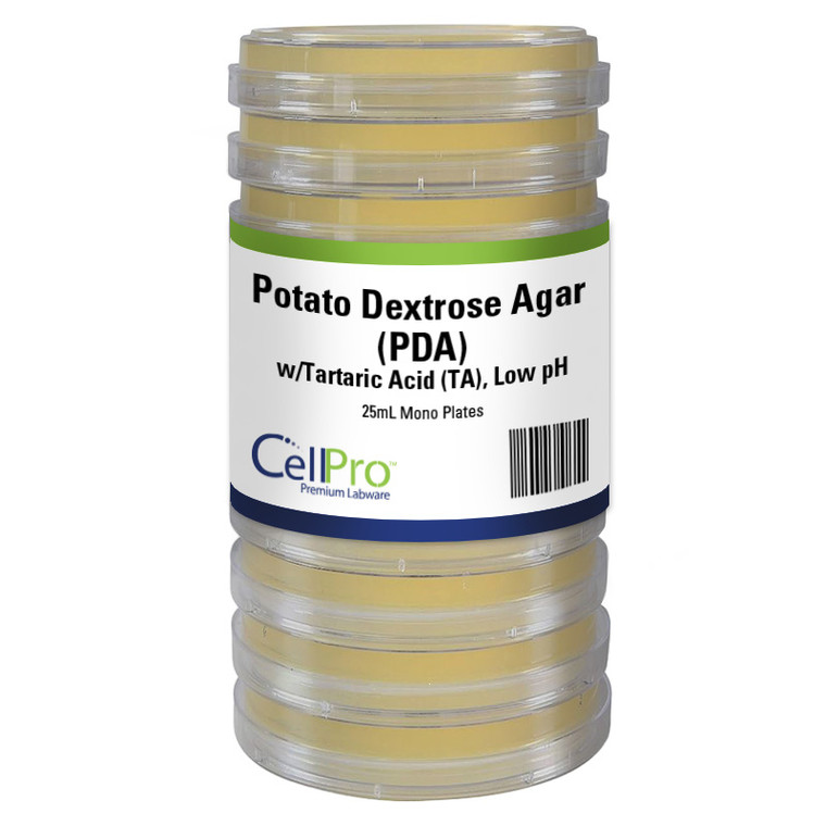 Potato Dextrose Agar (PDA) with Tartaric Acid (TA), Low pH, 25mL Mono Plates, 7-Day QC, 10/Pk