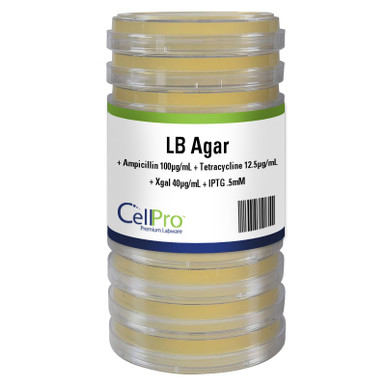 CellPro™ LB + Ampicillin 100ug/ml + Tetracycline 12.5ug/ml + Xgal 40ug/ml + IPTG .5mM 100mm, 10/ Sleeve