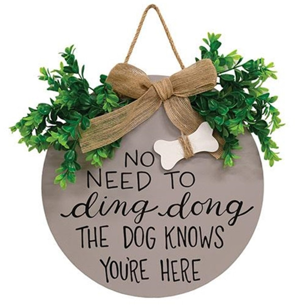 The Dog Knows You'Re Here Round Sign W/Greenery & Burlap Bow G36946 By CWI Gifts