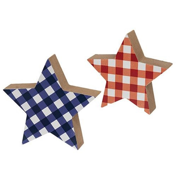 2/Set Blue & Red Plaid Wooden Stars G37043 By CWI Gifts