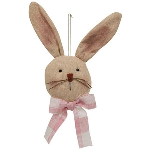 Primitive Stuffed Bunny Head Ornament W/Pink & White Buffalo Check Bow GCS38795 By CWI Gifts
