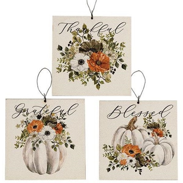 Grateful Thankful Blessed Pumpkin Square Ornament 3 Asstd. (Pack Of 3) GFP015 By CWI Gifts