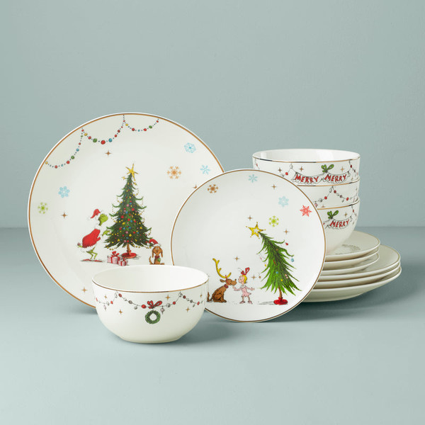 Merry Grinchmas 12 Piece Set Dinner Plate, Accent Plate & Bowls 895051 By Lenox