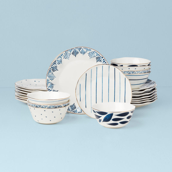 Blue Bay Dinnerware Ikat 24-Pieces Set Dinner Plates, Dessert Plates & All-Purpose Bowls 895680 By Lenox