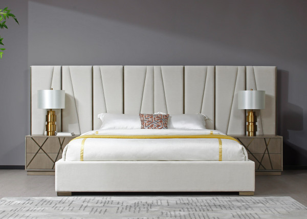 VGVC-BD1909-BED-NS-BGE-queen-1 Modrest Nixa - Modern Beige Velvet + Brushed Bronze + Birch Bed + Nightstands-Queen By VIG Furniture