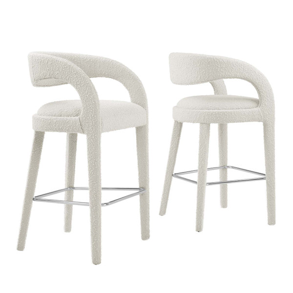 Modway Pinnacle Boucle Upholstered Bar Stool Set Of 2 - Ivory Silver EEI-6568-IVO-SLV