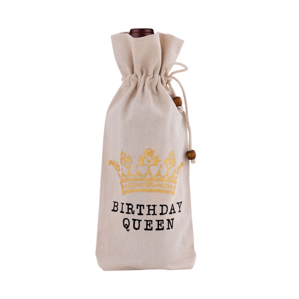 Elk Birthday Queen 6X13 Wine Bag In Unbleached Natural Cotton Duck With Gold And Black Print WBAG013