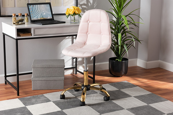 Kabira Contemporary Glam And Luxe Blush Pink Velvet Fabric And Gold Metal Swivel Office Chair By Baxton Studio NF02-Blush Velvet/Gold-Office Chair