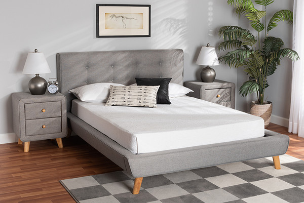 Jonesy Mid-Century Modern Transitional Grey Fabric Upholstered Queen Size 3-Piece Bedroom Set By Baxton Studio BBT6537-Queen-Grey-3PC Set