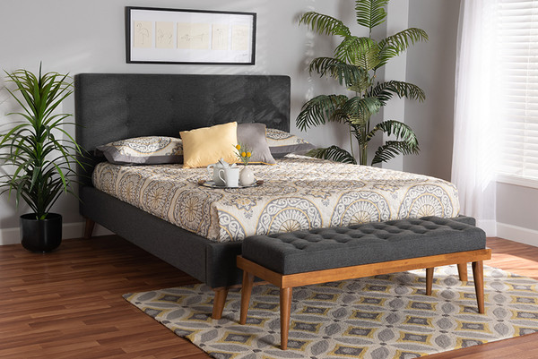 Valencia Mid-Century Modern Dark Grey Fabric Upholstered King Size 2-Piece Bedroom Set By Baxton Studio BBT6662-Dark Grey-King-2PC Set