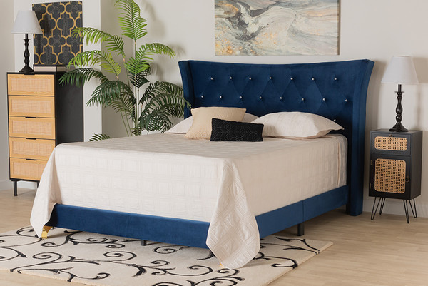 Easton Contemporary Glam And Luxe Navy Blue Velvet And Gold Metal Queen Size Panel Bed By Baxton Studio Easton-Navy Blue Velvet-Queen
