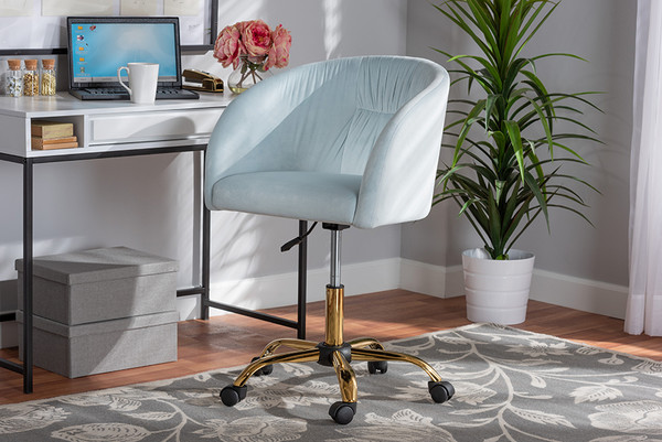 Ravenna Contemporary Glam And Luxe Aqua Velvet Fabric And Gold Metal Swivel Office Chair By Baxton Studio DC168-Aqua Velvet/Gold-Office Chair