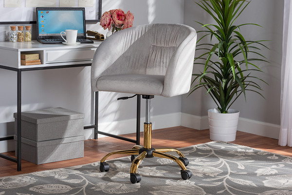 Ravenna Contemporary Glam And Luxe Grey Velvet Fabric And Gold Metal Swivel Office Chair By Baxton Studio DC168-Grey Velvet/Gold-Office Chair