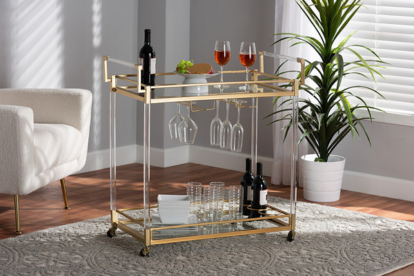 Savannah Contemporary Glam And Luxe Gold Metal And Glass Wine Cart By Baxton Studio JY21A018-Gold-Cart