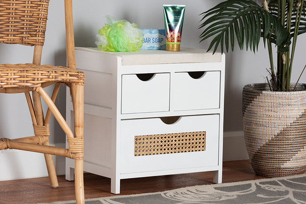 Bastian Modern And Contemporary Light Beige Fabric And White Finished Wood 3-Drawer Storage Bench With Natural Rattan By Baxton Studio FZC200365-White-Cabinet Bench