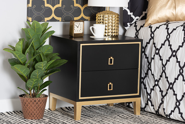 Donald Modern Glam And Luxe Black Finished Wood And Gold Metal 2-Drawer End Table By Baxton Studio JY21B012-Black/Gold-ET
