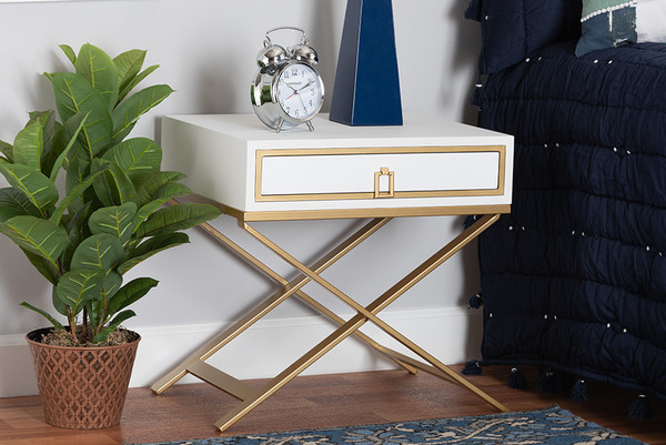 Lilibet Modern Glam And Luxe White Finished Wood And Gold Metal 1-Drawer End Table By Baxton Studio JY21B017-White/Gold-ET