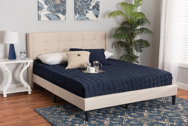 Casol Mid-Century Modern Transitional Beige Fabric Upholstered Queen Size Platform Bed By Baxton Studio CF 9272-C-Vele-C-Beige-Queen